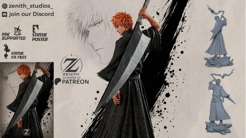 Ichigo Kurosaki from Bleach in black robes holding his oversized sword