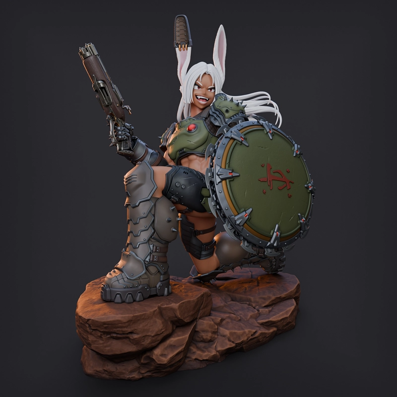 Mirko and Doom Slayer crossover statue with armor, firearm, shield, and rocky base