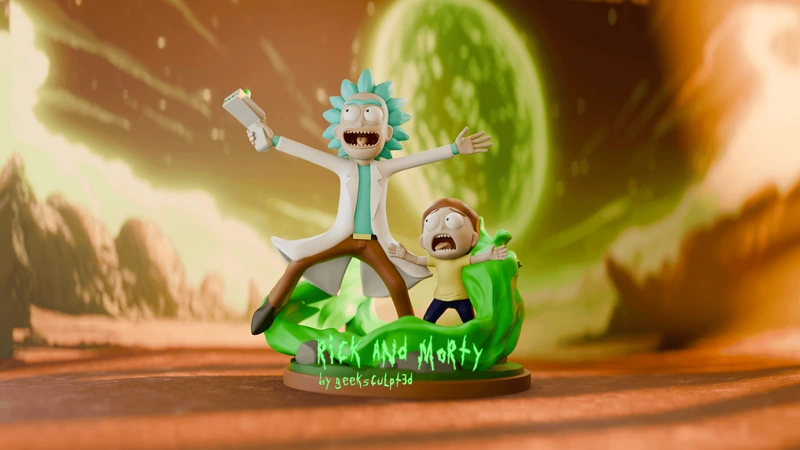 Rick and Morty 3D printed diorama with a portal gun and green portal base