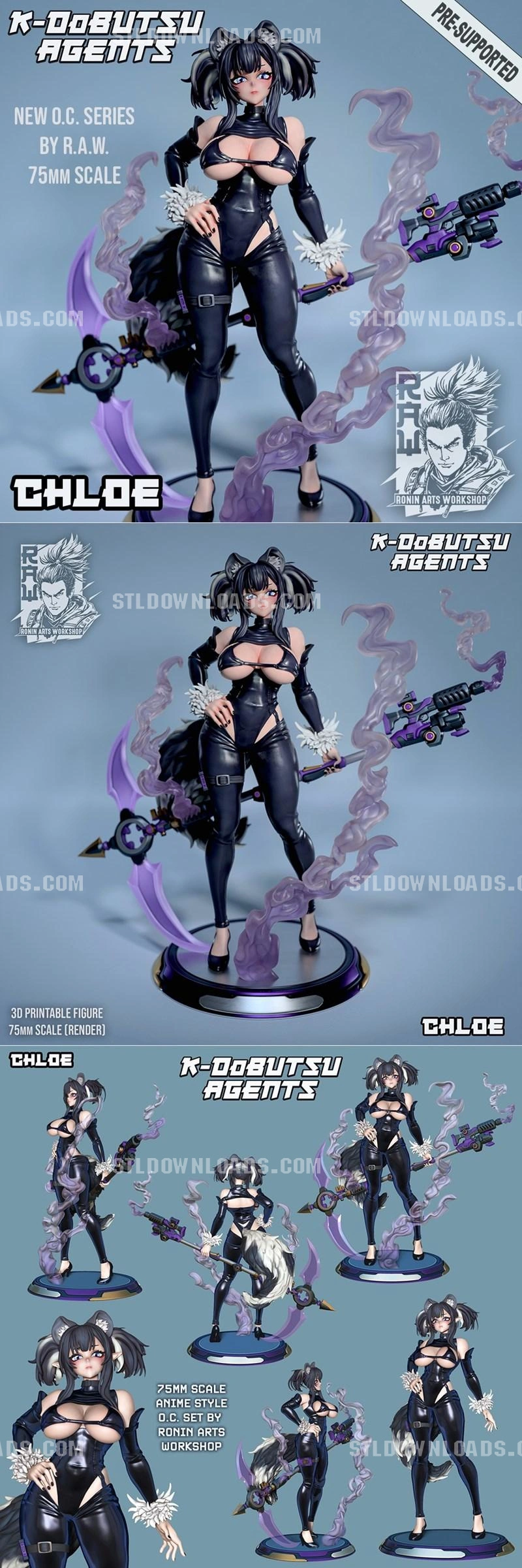 Skunkgirl Chloe original character figure with purple weapon on a display base