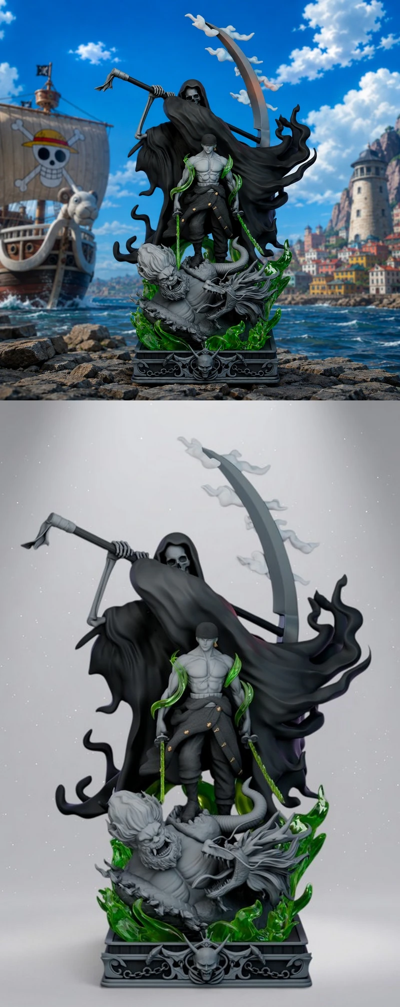 Roronoa Zoro One Piece diorama with green effects, dragons, and a hooded reaper