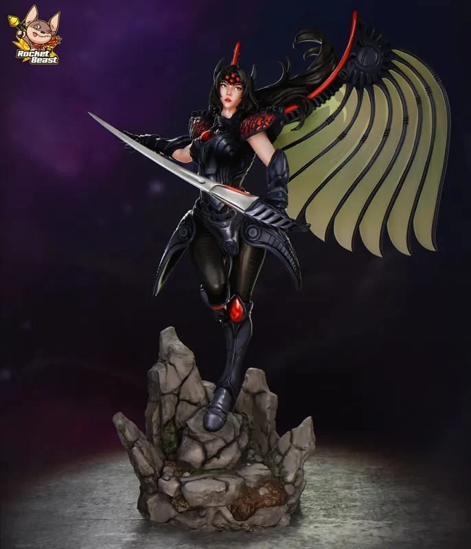 Rose from The Legend of Dragoon as a winged armored swordswoman on a rocky base