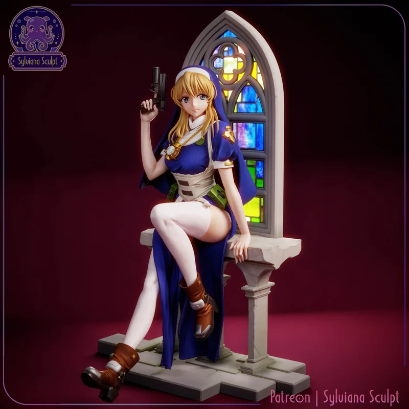 Rosette Christopher seated with a pistol before a stained-glass window