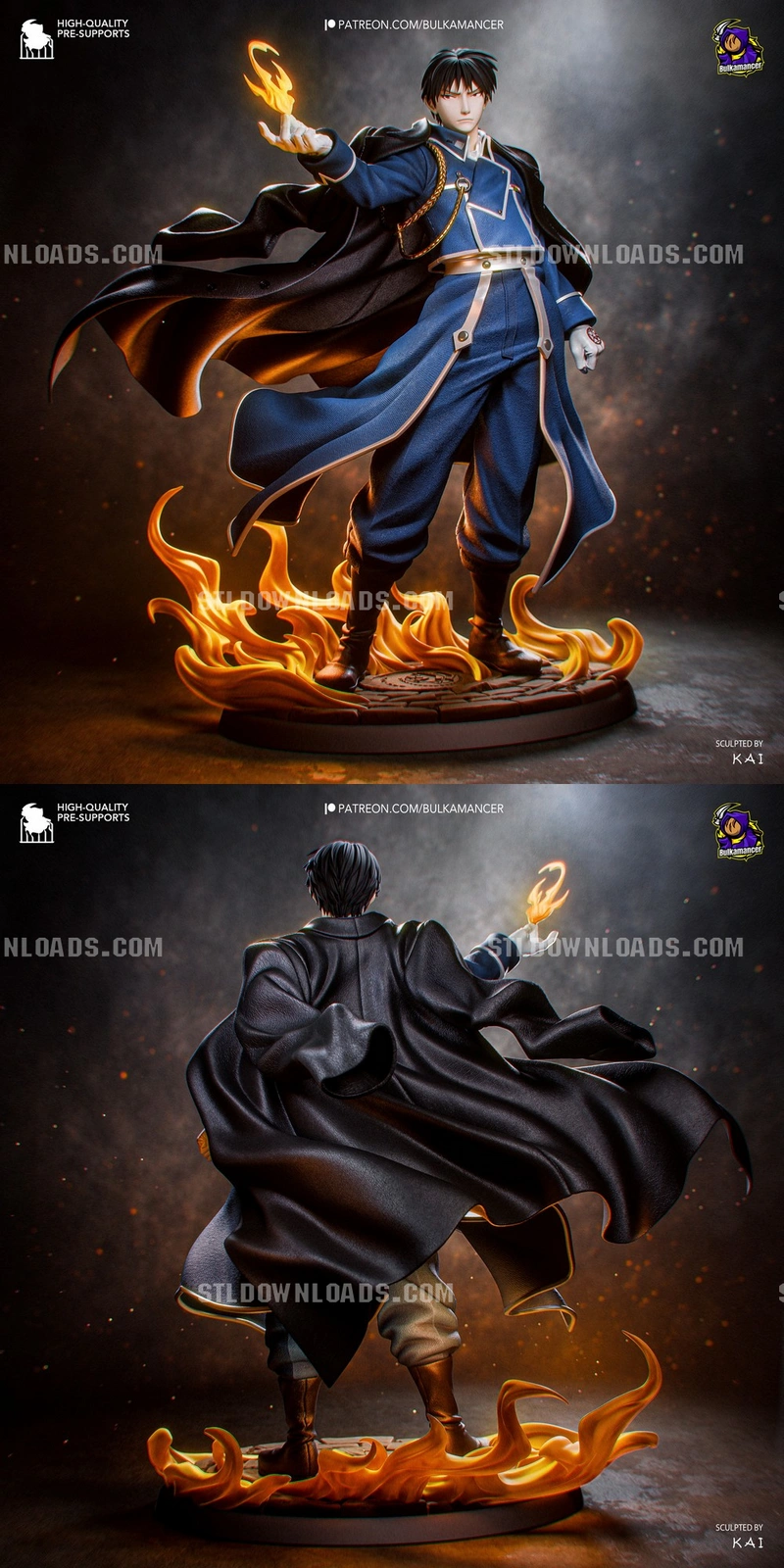 Roy Mustang Fullmetal Alchemist statue with a raised flame and flowing cape