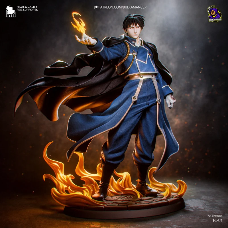 Roy Mustang statue in uniform with raised flame hand and sculpted fire base