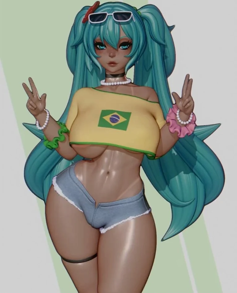 Brazilian Miku character figure with turquoise twin tails, Brazilian flag top, sunglasses, shorts, and raised peace-sign hands