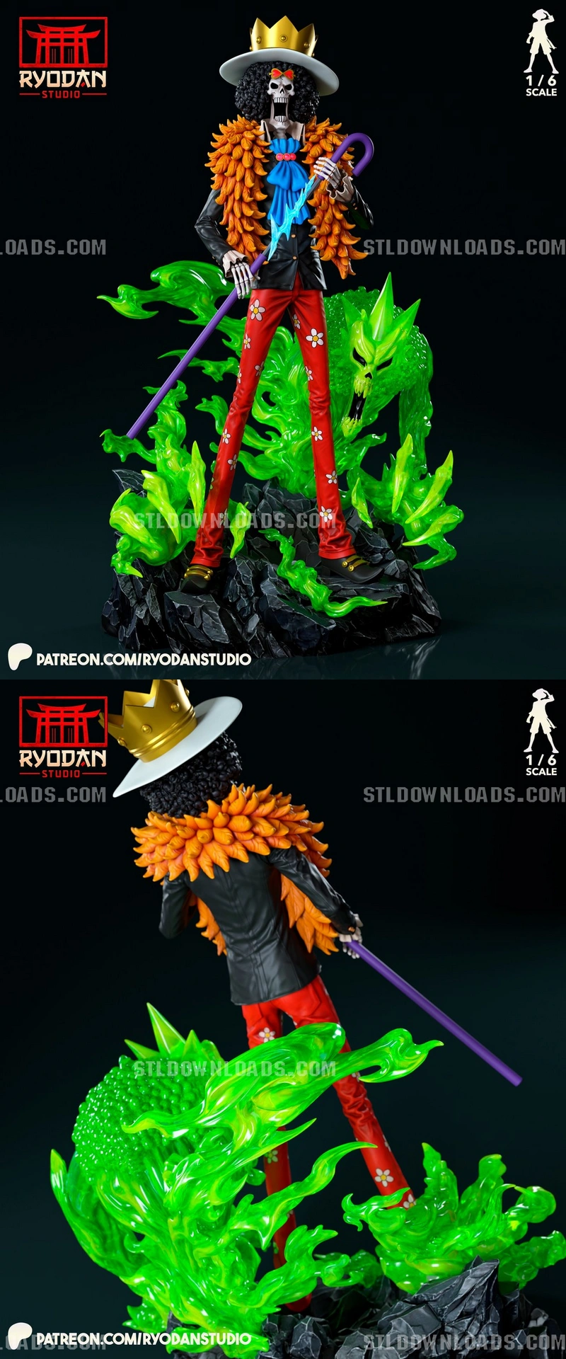Brook from One Piece with a crown, cane and green spectral effects on a rocky base