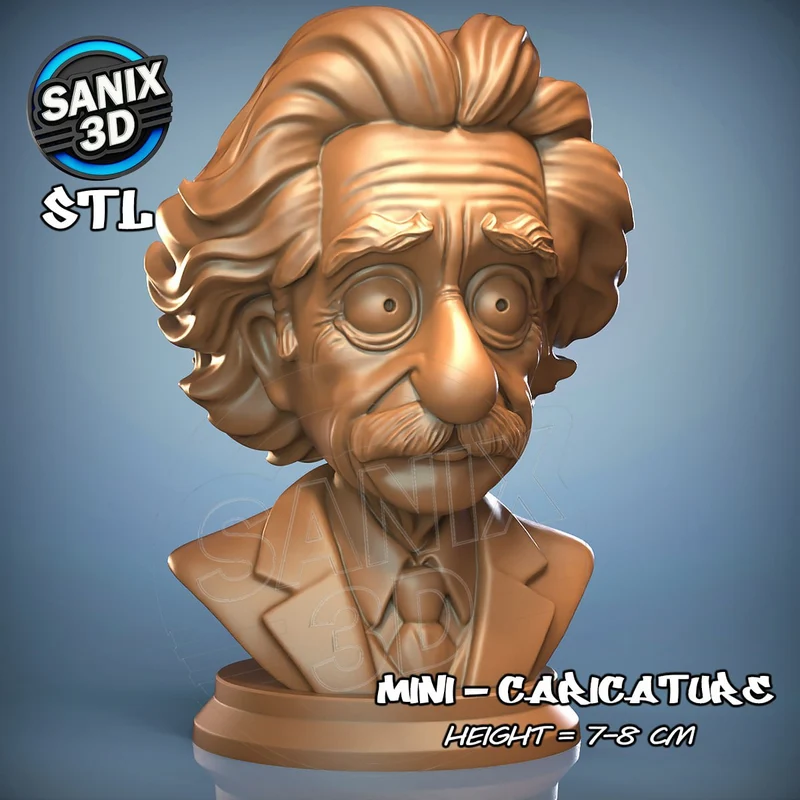 Stylized Albert Einstein caricature bust with swept hair and moustache
