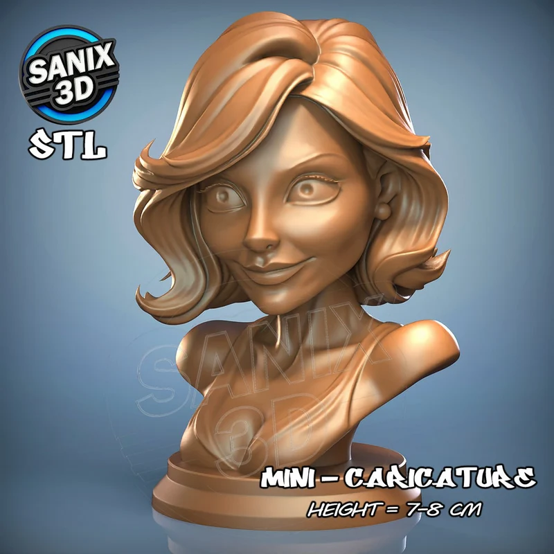 Stylized Cameron Diaz caricature bust with swept hair on a round base