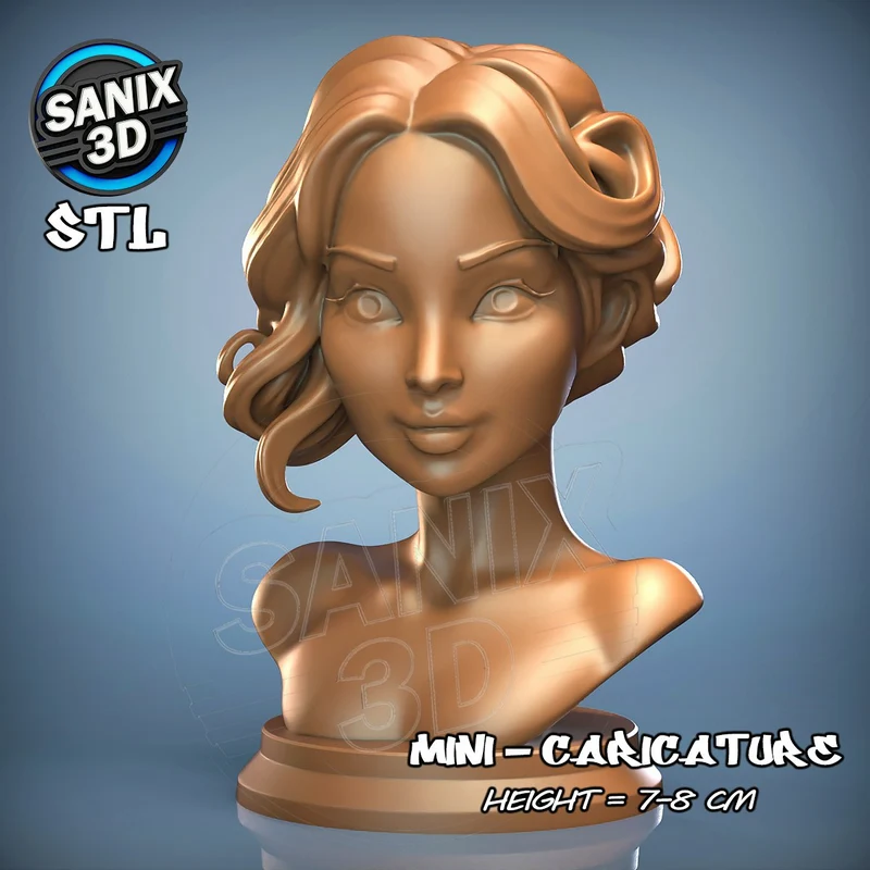 Stylized Jennifer Lawrence celebrity bust with curled hair and a round display base