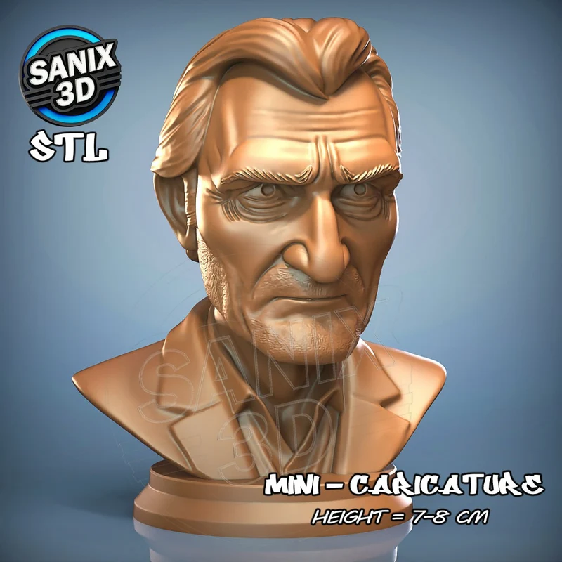 Stylized Liam Neeson celebrity portrait bust with swept-back hair and display base