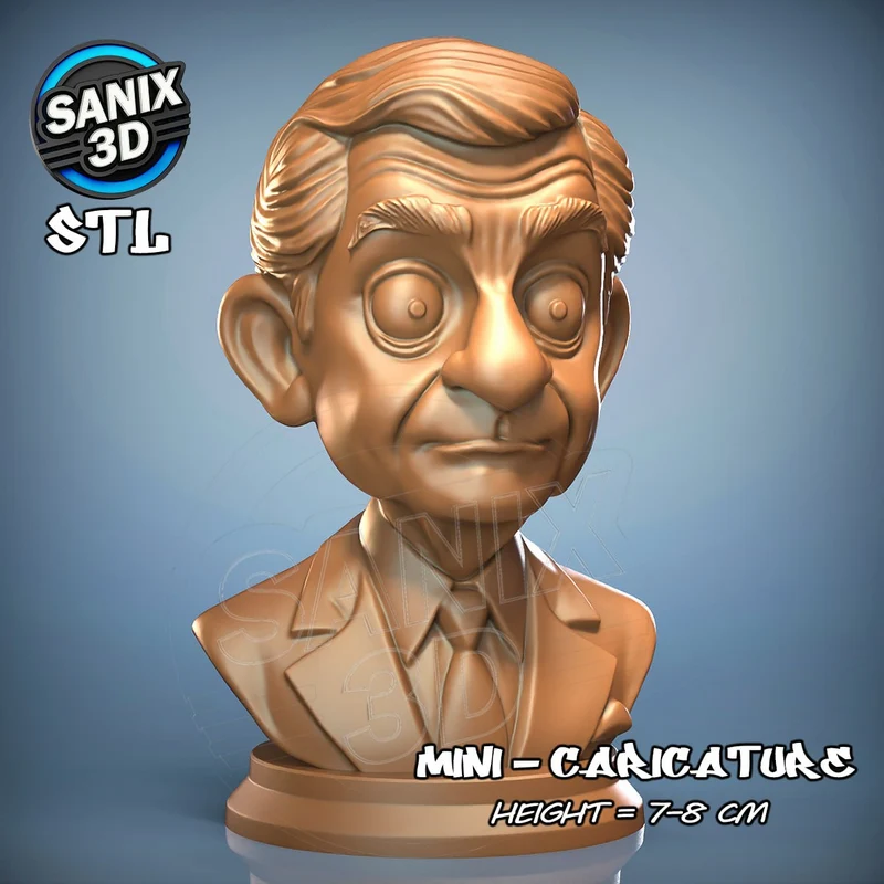 Stylized Mr. Bean caricature bust with swept hair, suit, tie, and circular display base