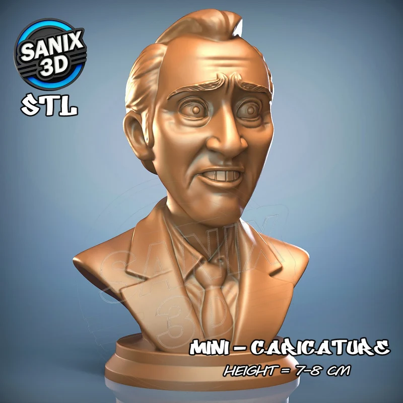 Stylized Nicolas Cage caricature bust with swept hair, formal jacket, tie, and round base