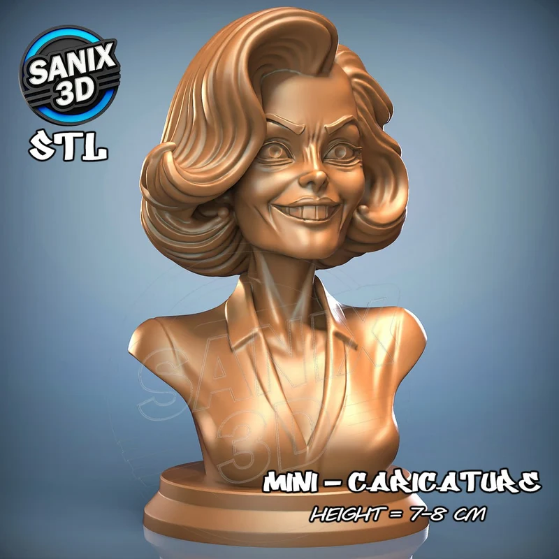 Stylized Sigourney Weaver caricature bust with wavy hair and a rounded display base