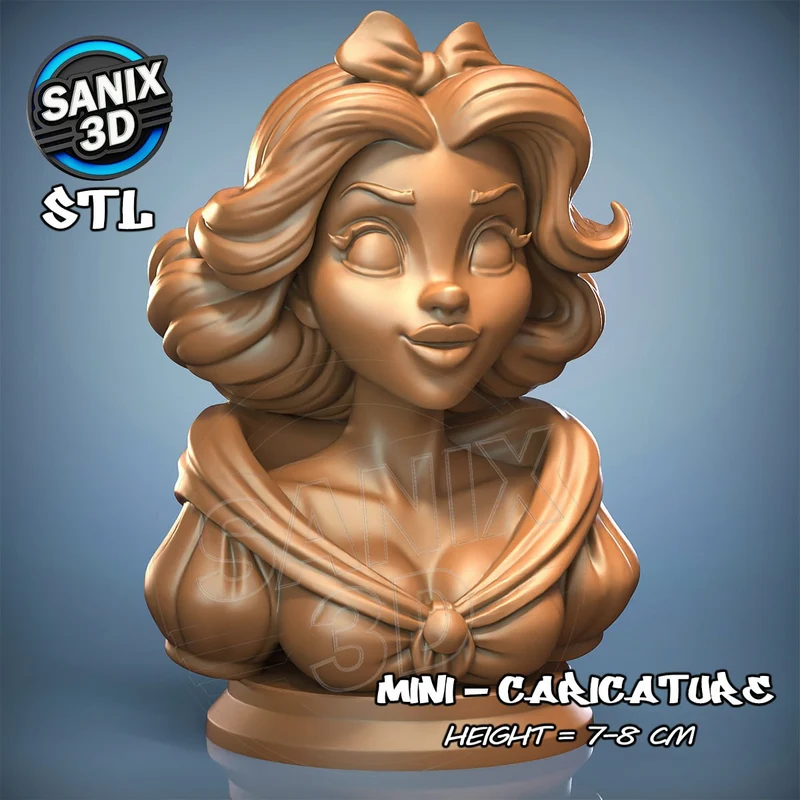 Stylized Disney Snow White bust 3D model with bow, wavy hair, draped collar, and pedestal base