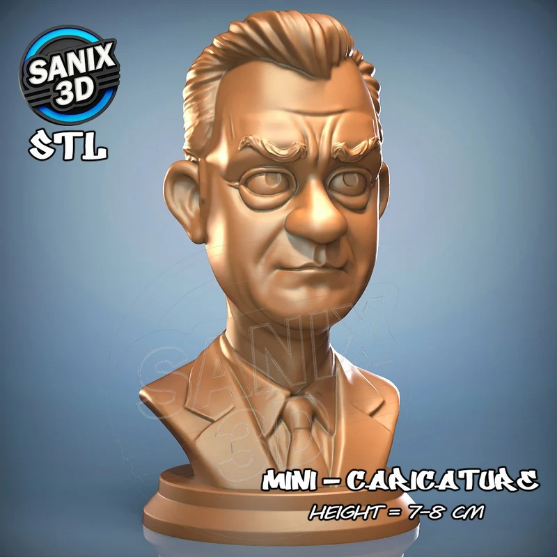 Stylized Tom Hanks caricature bust with glasses, suit, tie, and display base