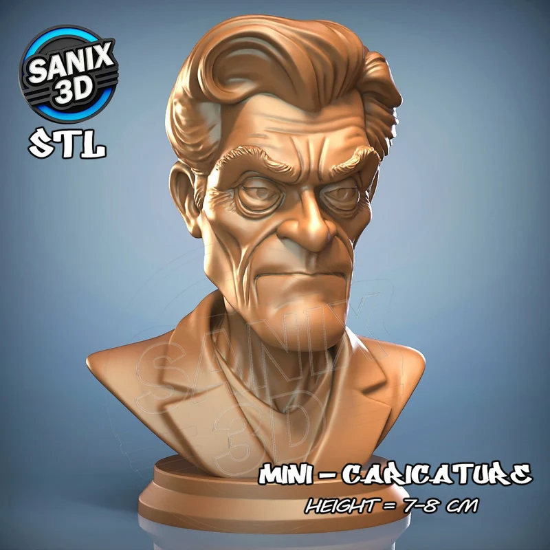 Stylized Willem Dafoe caricature bust with swept hair and a round base