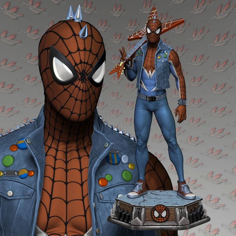 Spider-Punk Marvel figure with guitar, denim vest, webbed mask, and display base