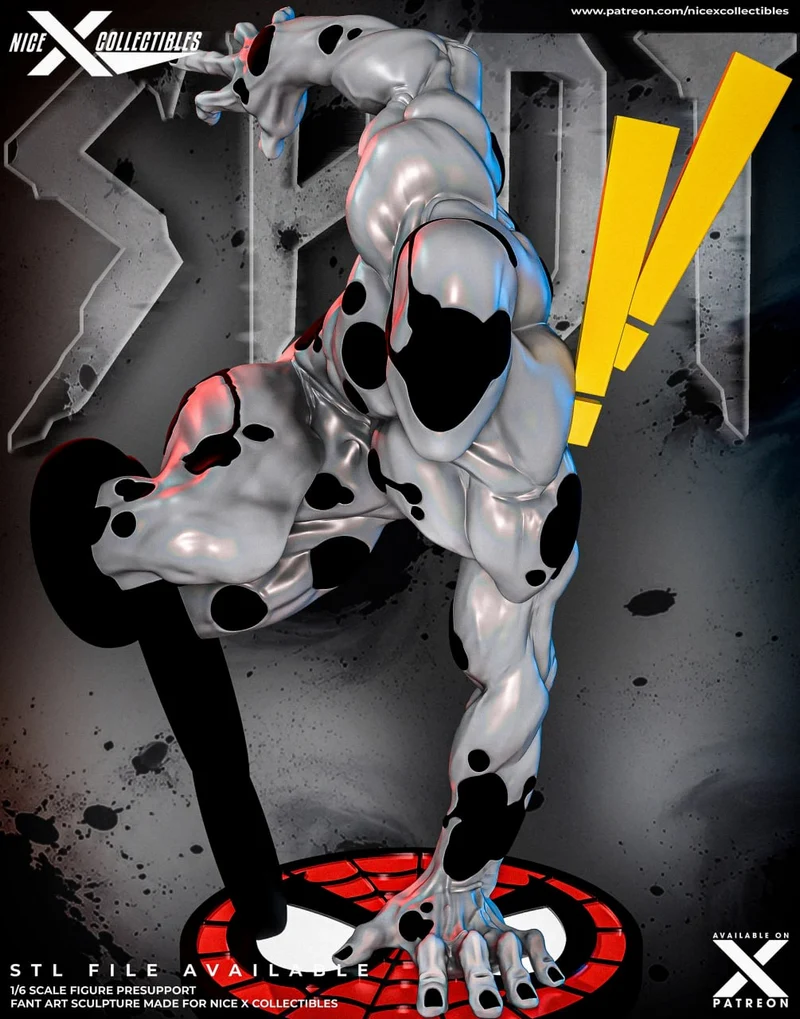 SPOT original character alien creature statue with black markings on a circular display base