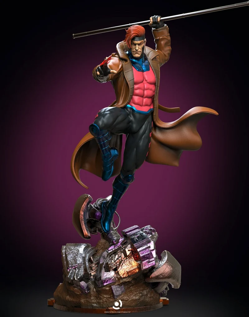 Gambit Marvel character figure with staff, playing card, and rubble base