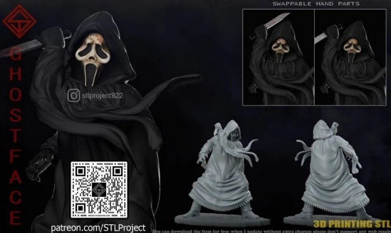 Ghostface from Scream in a hooded robe with elongated mask, shown as a 3D character figure