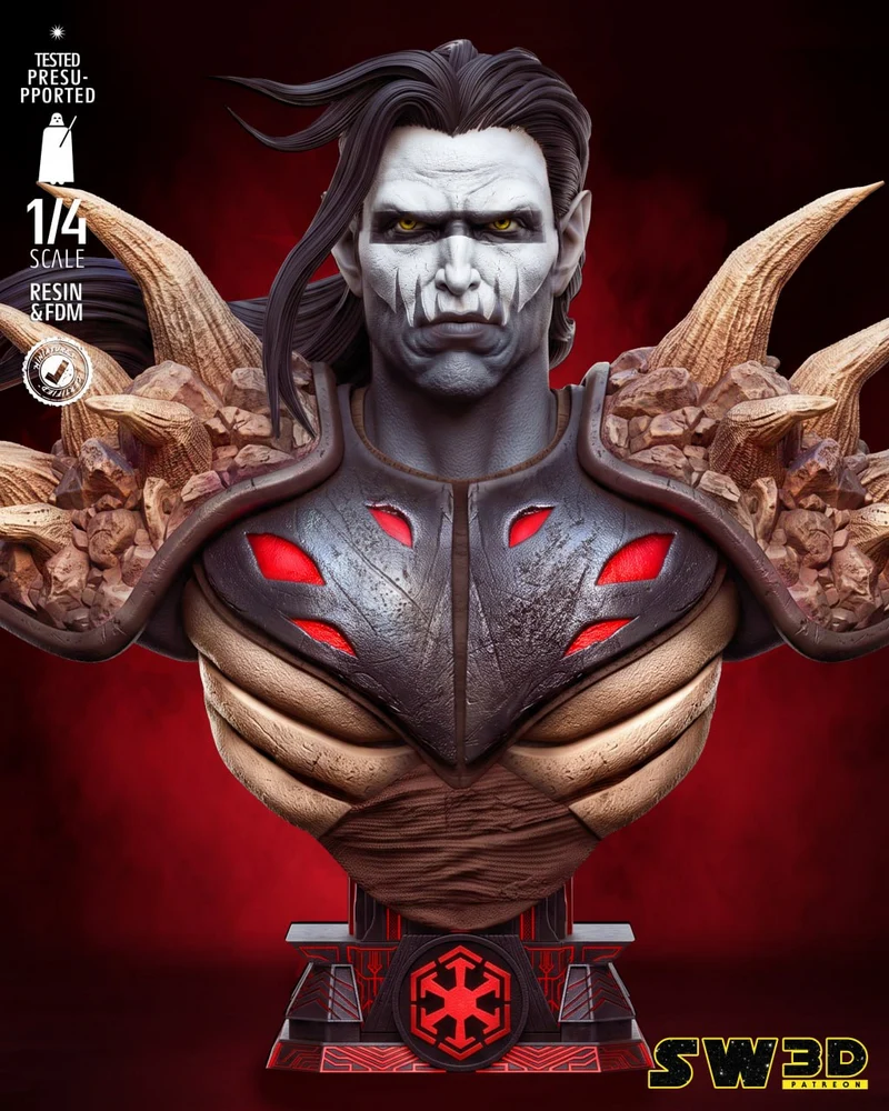 Darth Nihil Star Wars bust with dark armor, red details, and display stand