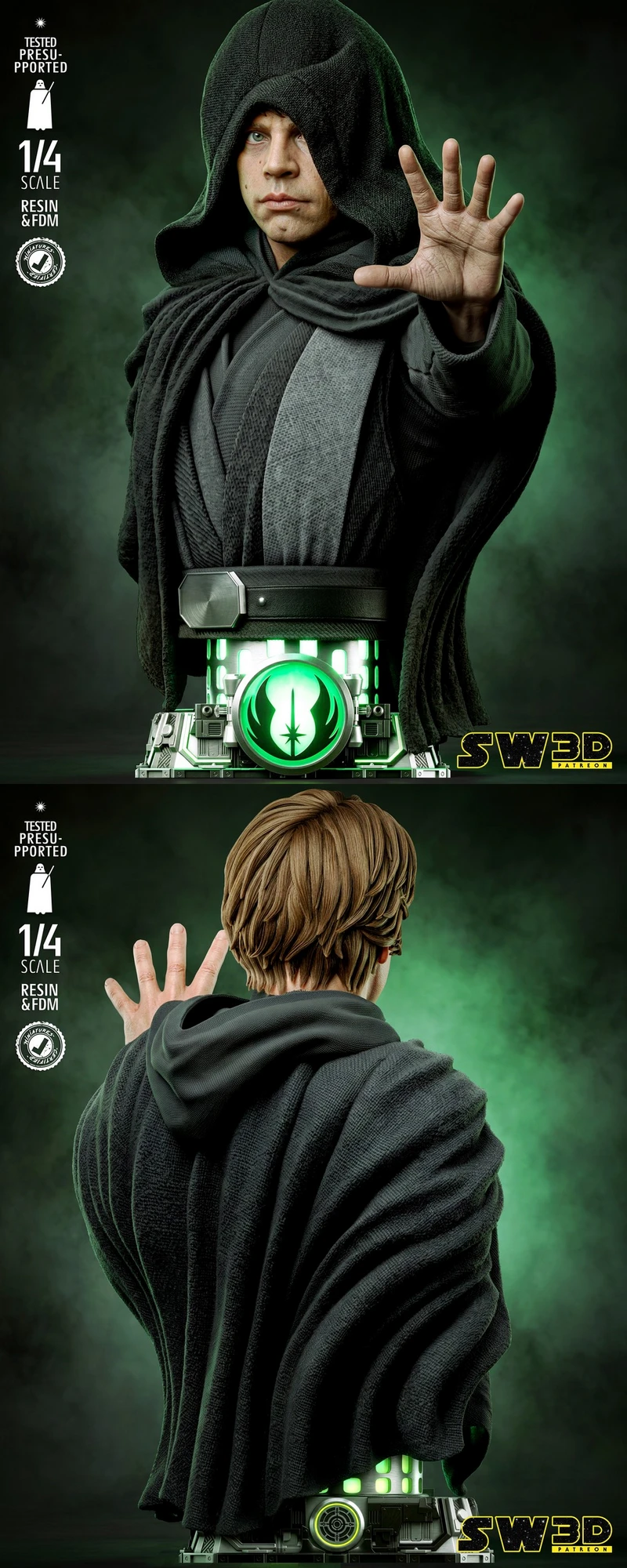 Luke Skywalker Jedi bust in hooded robes with a raised hand and detailed sci-fi belt