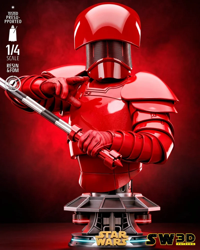 Red Star Wars Praetorian Guard bust holding a force pike on a futuristic display base