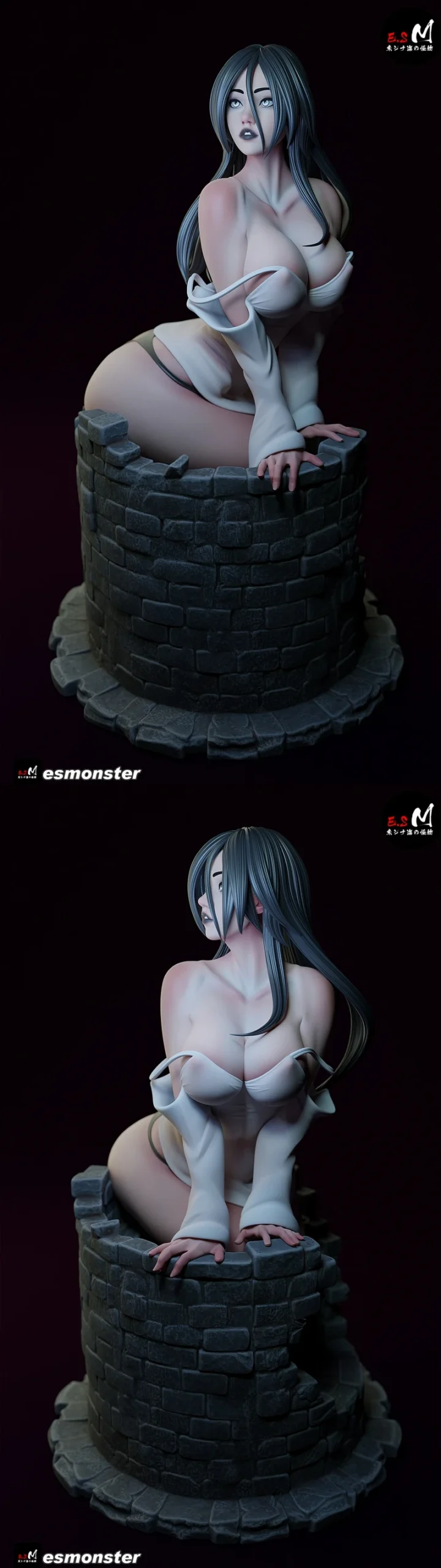 Sadako figure emerging from a detailed circular brick well statue