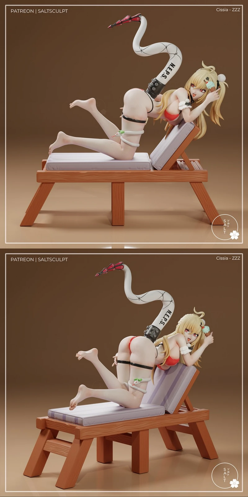 Cissia from Zenless Zone Zero reclining on a wooden lounge chair with a curled tail