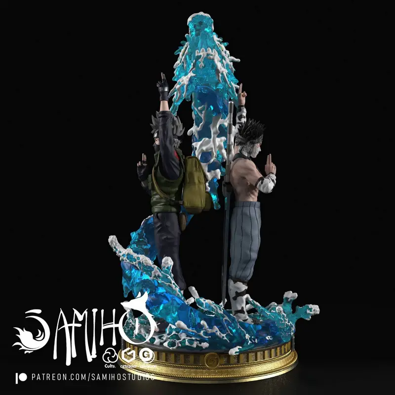 Kakashi and Zabuza Naruto diorama with blue water effects on a sculpted base