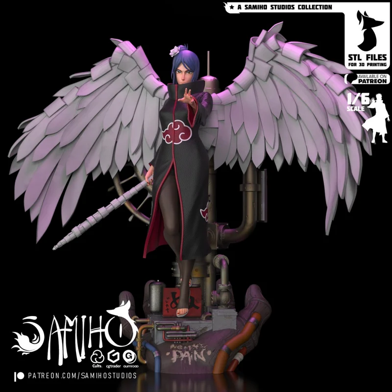 Konan from Naruto with Akatsuki cloak, large layered wings, and an industrial display base
