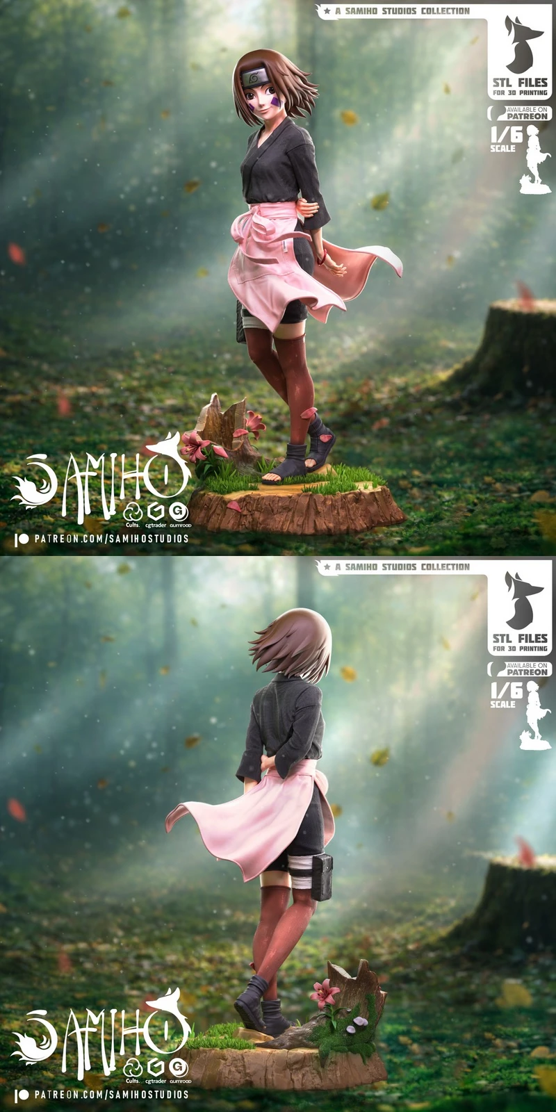 Rin Nohara Naruto figure in shinobi clothing with a pink apron on a woodland base
