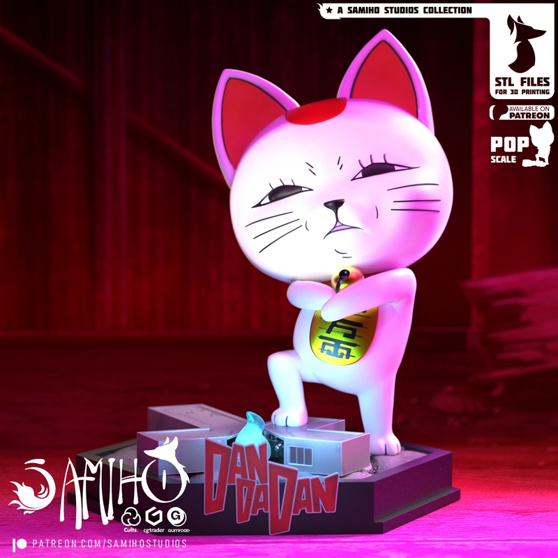 Turbo Granny from Dandadan depicted as a cat-like figure holding a charm