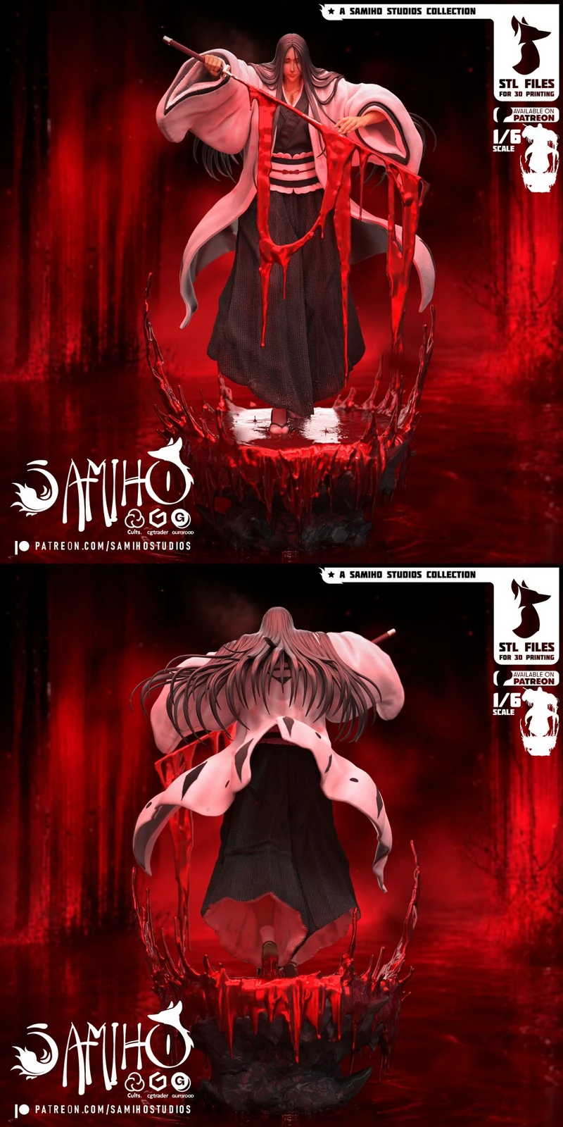 Unohana Retsu Bleach statue with white haori, sword, red effects, and circular display base