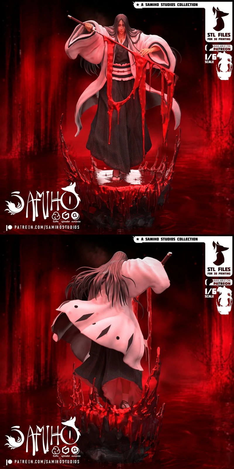Unohana Retsu Bleach 3D statue with sword, white haori, red effects, and circular base