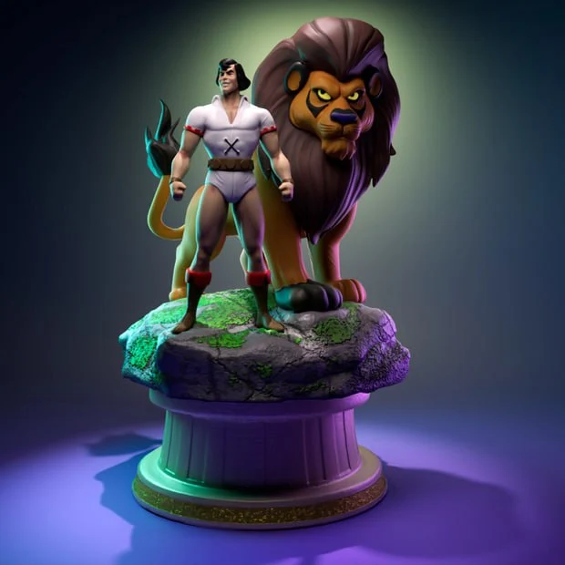 Stylized biblical hero standing beside a lion on a rocky pedestal