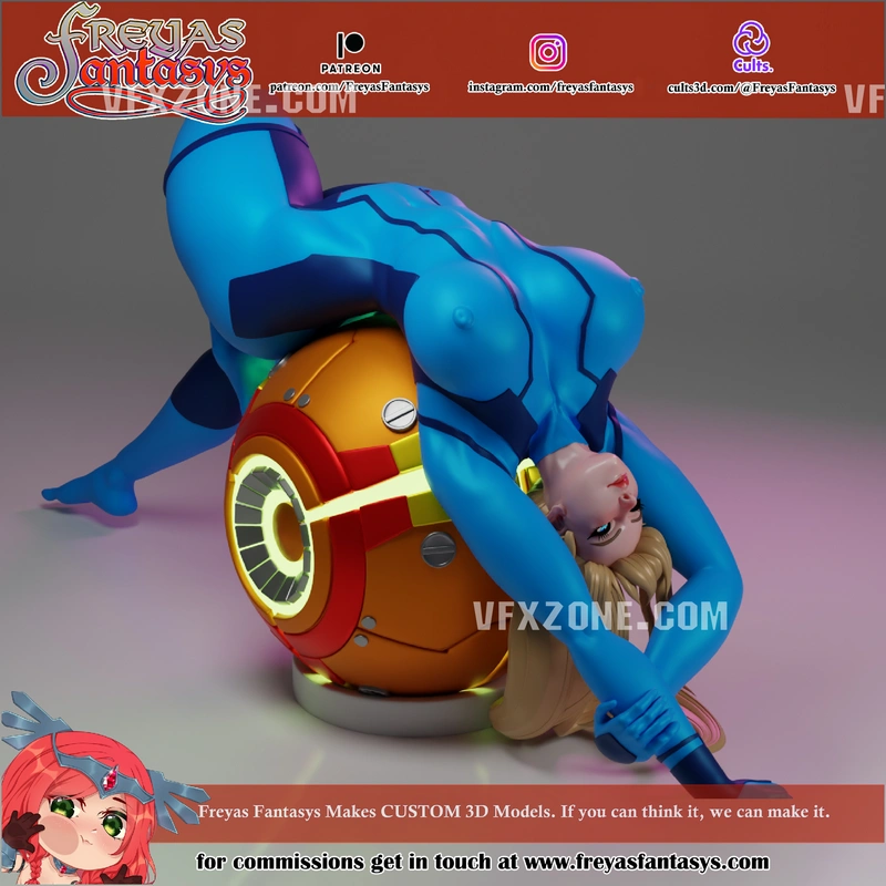 Stylized blue-armored Samus Aran figure posed upside down beside an orange mechanical sphere