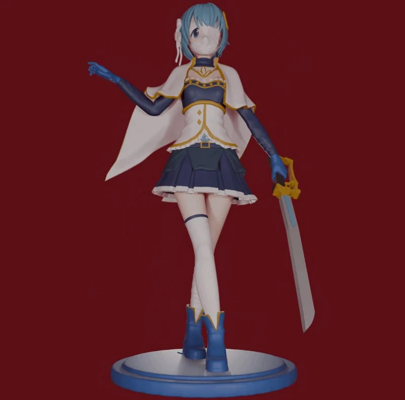 Sayaka Miki anime character statue with sword on a round display base