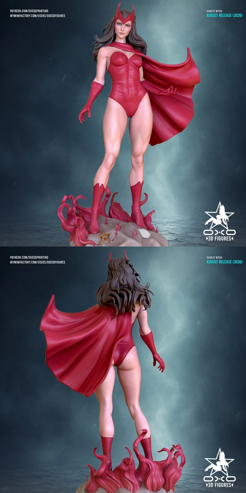 Scarlet Witch Marvel statue with red costume, horned headpiece, cape, and sculpted base