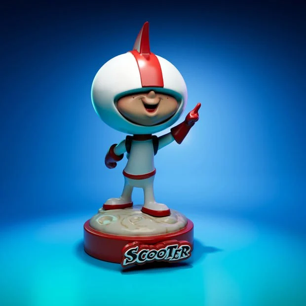 Scooter original character statue with red-crested helmet and display base