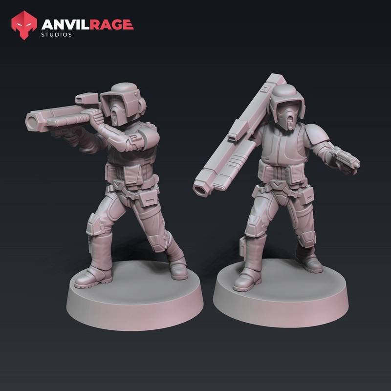 Two armored Scout Trooper Remnant Heavy figures with blasters on round bases