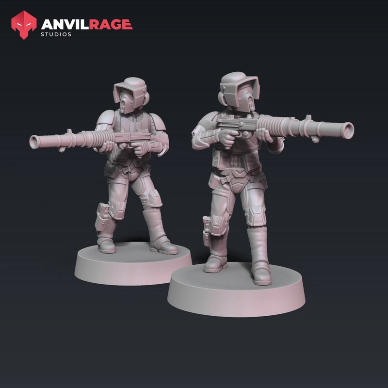 Two Scout Trooper Remnant figures with T-21 blasters on display bases