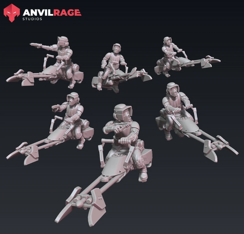 Six Star Wars Scout Troopers riding detailed speeder bikes