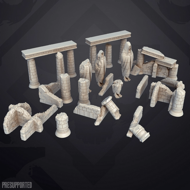 Seatos Ruins Star Wars STL model with broken columns, arches, walls, rubble, and hooded statues
