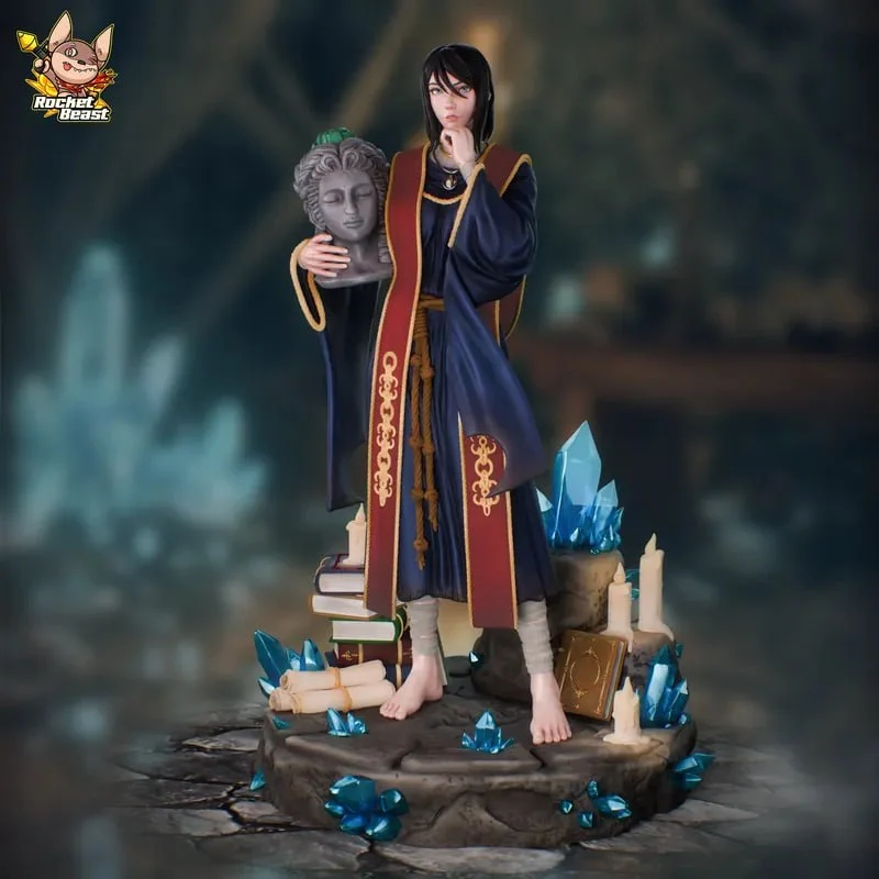 Sellen from Elden Ring in a blue and red robe on a crystal-filled display base