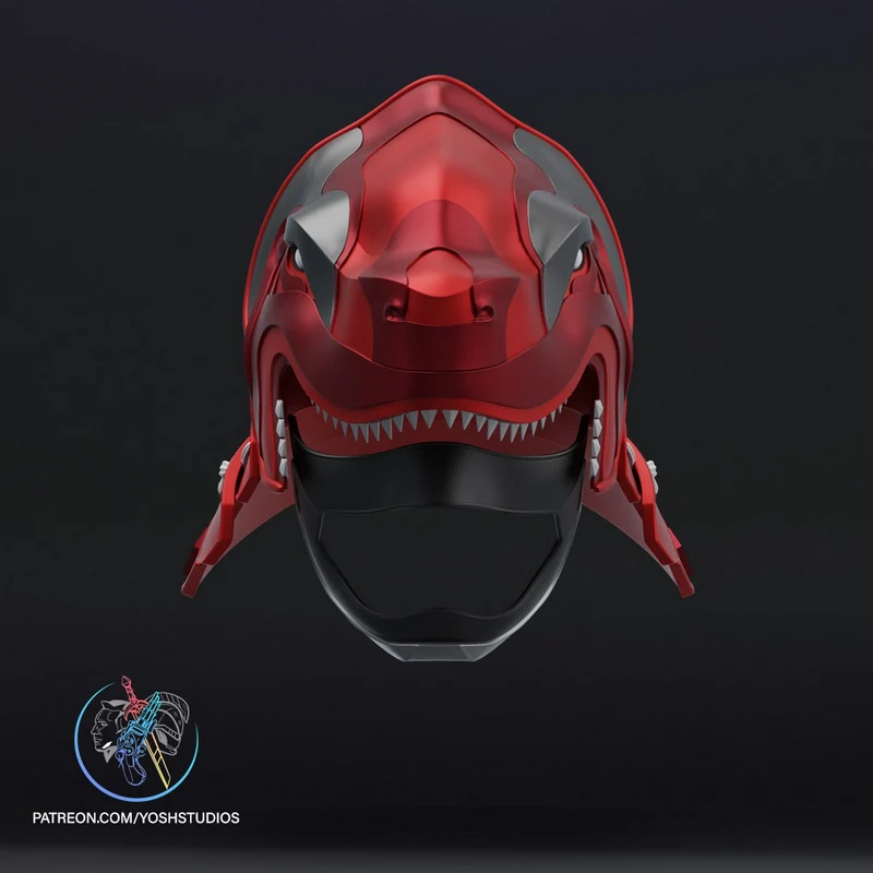 Red armored Sengoku ranger mask with pointed teeth and black lower faceplate