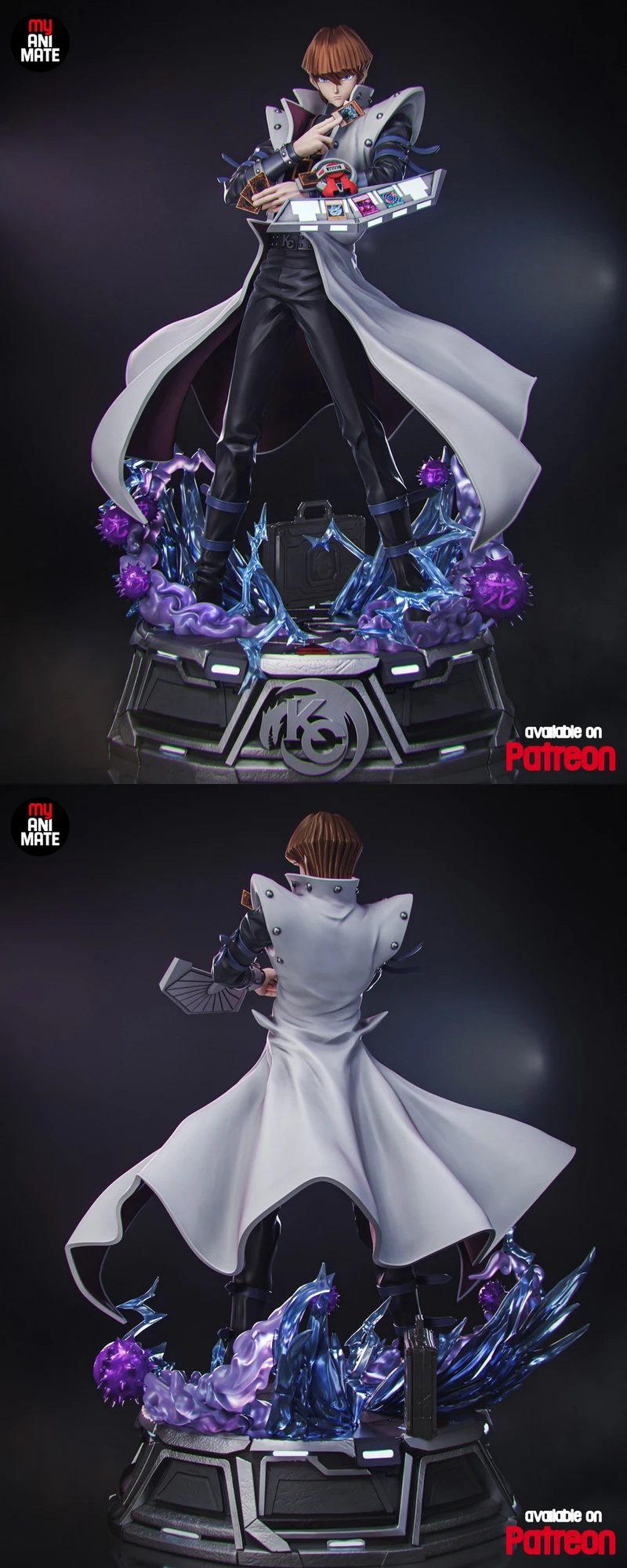 Seto Kaiba Yu-Gi-Oh! statue with duel disk, white coat, cards, crystals, and purple effects