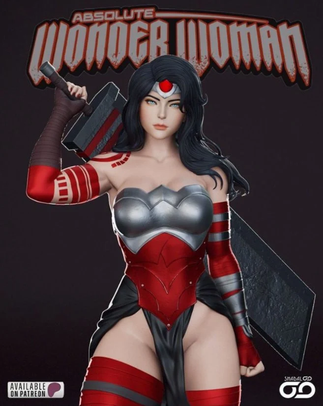 Wonder Woman statue with a raised hammer, tiara, red corset, and silver armor