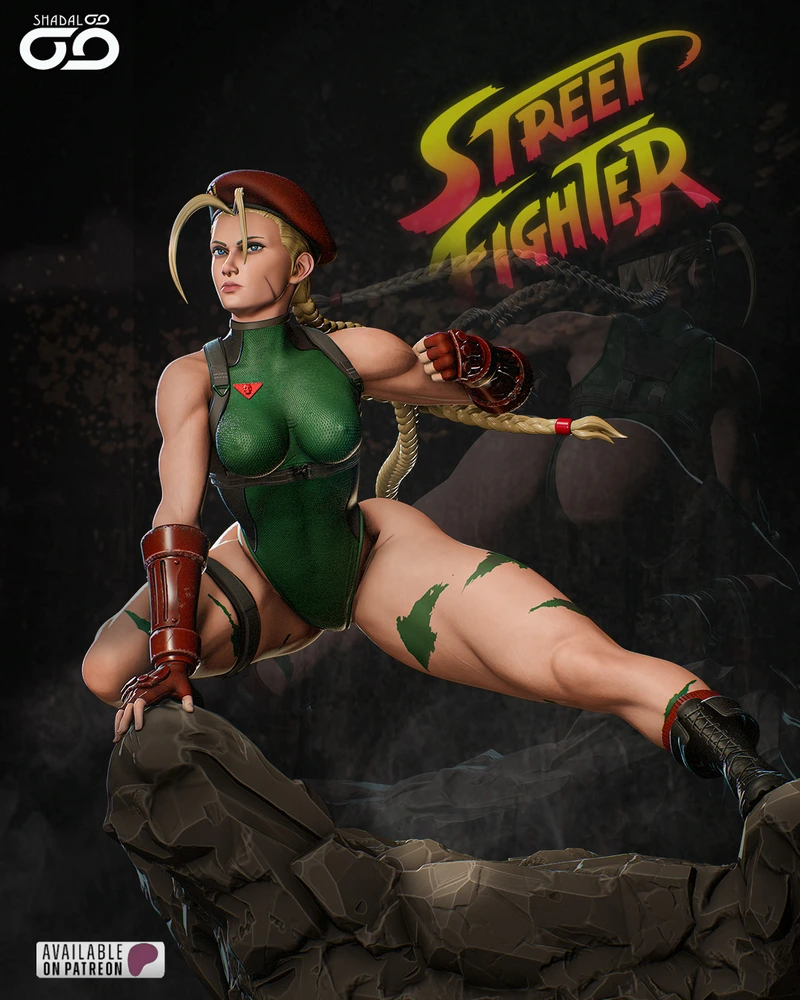 Cammy from Street Fighter in a green outfit and red beret on a rocky base